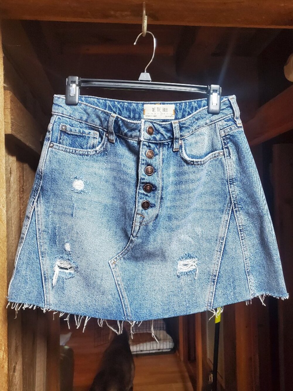Free People We The Free light wash distressed denim mini skirt